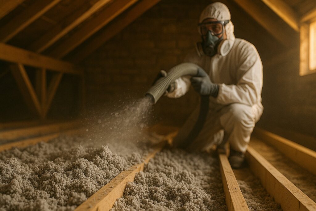 Soufflage manuel de ouate de cellulose dans des combles aménageables