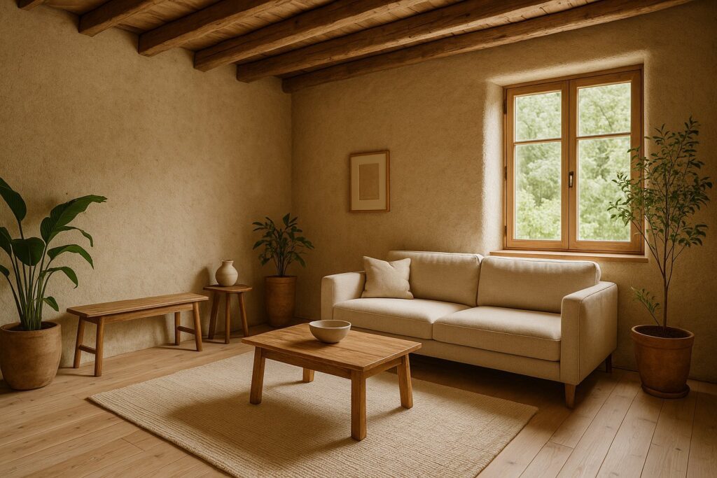 Salon cosy en maison ancienne rénovée avec béton de chanvre